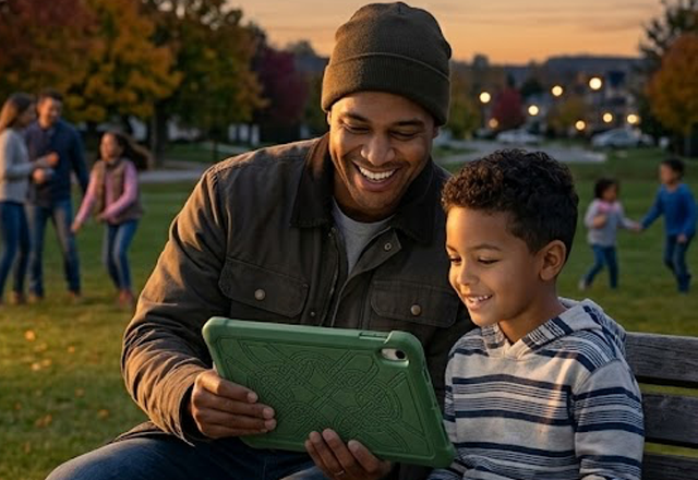 Parent helping child with safe device use